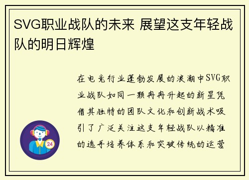 SVG职业战队的未来 展望这支年轻战队的明日辉煌