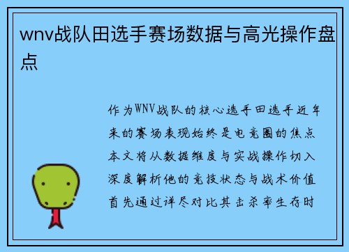 wnv战队田选手赛场数据与高光操作盘点